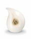 Teardrop cremation urn for ashes made of white ceramic with small gold-colored teardrop