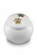 pet urn for ashes white with 2 gold-colored paw prints in various sizes