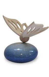 Handmade baby cremation urn with wooden butterfly blue
