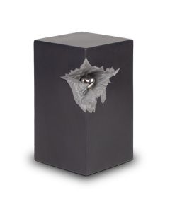 Ceramic urn with silver-colored heart, matte black-gray
