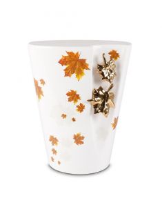 Ceramic cremation urn for ashes 'Autumn' with gold coloured maple leaves