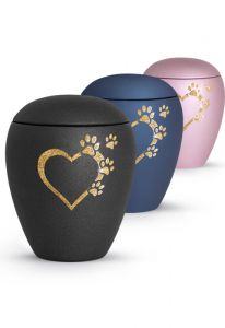 Pet urn with heart and four pawprints in several colors and sizes