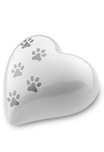 White heart shaped pet urn with silver pawprints | Large
