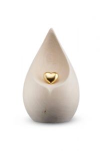 Wooden Urn for Ashes Drop with goldeen Heart natural lime