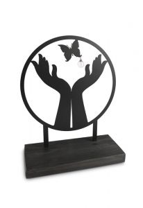 Sculpture urn for ashes 'Hands and butterfly' with glass ash pearl