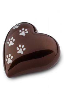 Brown heart shaped pet urn with silver pawprints | Large