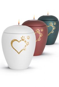 Candle holder pet urn with heart and pawprints in several colors and sizes