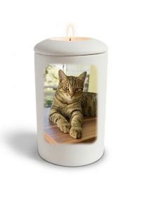 Handmade satin white cat urn with image, personalizable