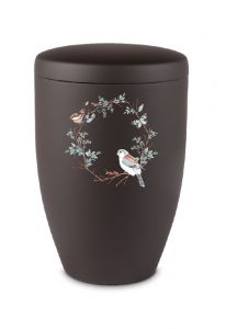 Metal cremation urn for ashes with flowers, butterflies and bird