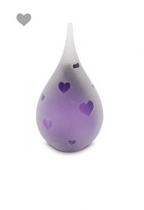 Frosted teardrop shaped glass mini urn with hearts