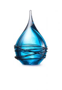 Teardrop crystal glass keepsake ashes urn 'Swirl' light blue