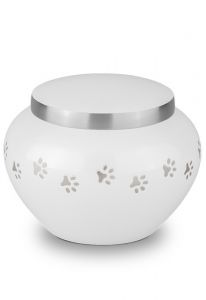 White pet urn with silver colored pawprints | Small