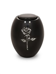 Black cremation urn for ashes with rose