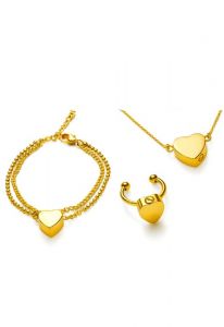 Cremation jewelry Set with Heart in Gold-Plated Stainless Steel - Bracelet, Ring & Necklace