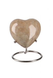 Small heart ashes urn 'Elegance' with beige nature stone look (stand included)