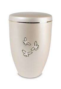 Metal urn 'Butterflies' cream white and mother of pearl with gold strap