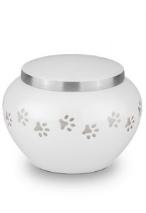 White pet urn with silver colored pawprints | Medium