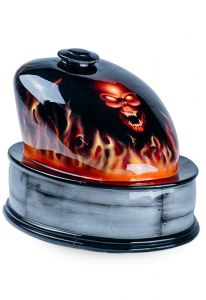 Handmade motorcycle gas tank urn for ashes 'Flames and Skull'