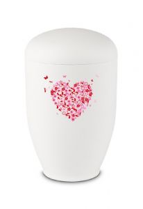 Metal cremation urn for ashes with heart, butterflies and flowers