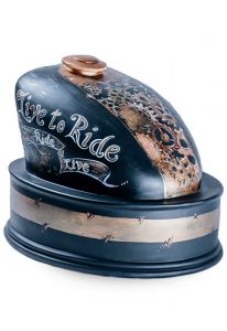 Handmade motorcycle gas tank urn for ashes 'Live to Ride'