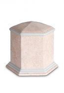 Porcelain cremation urn for ashes 'Esagono' | Coral pink relief