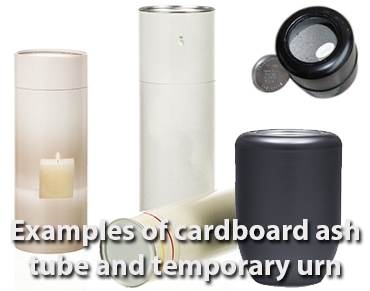 Cardboard tube and plastic temporary urn as examples for filling a cremation urn